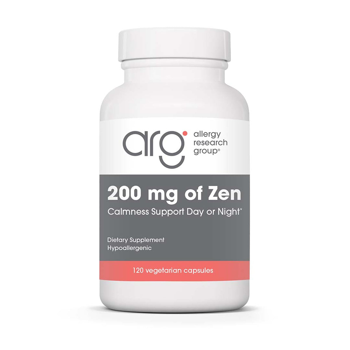 Bottle of Allergy Research Group Zen 200 mg GABA + L-Theanine vegan capsules