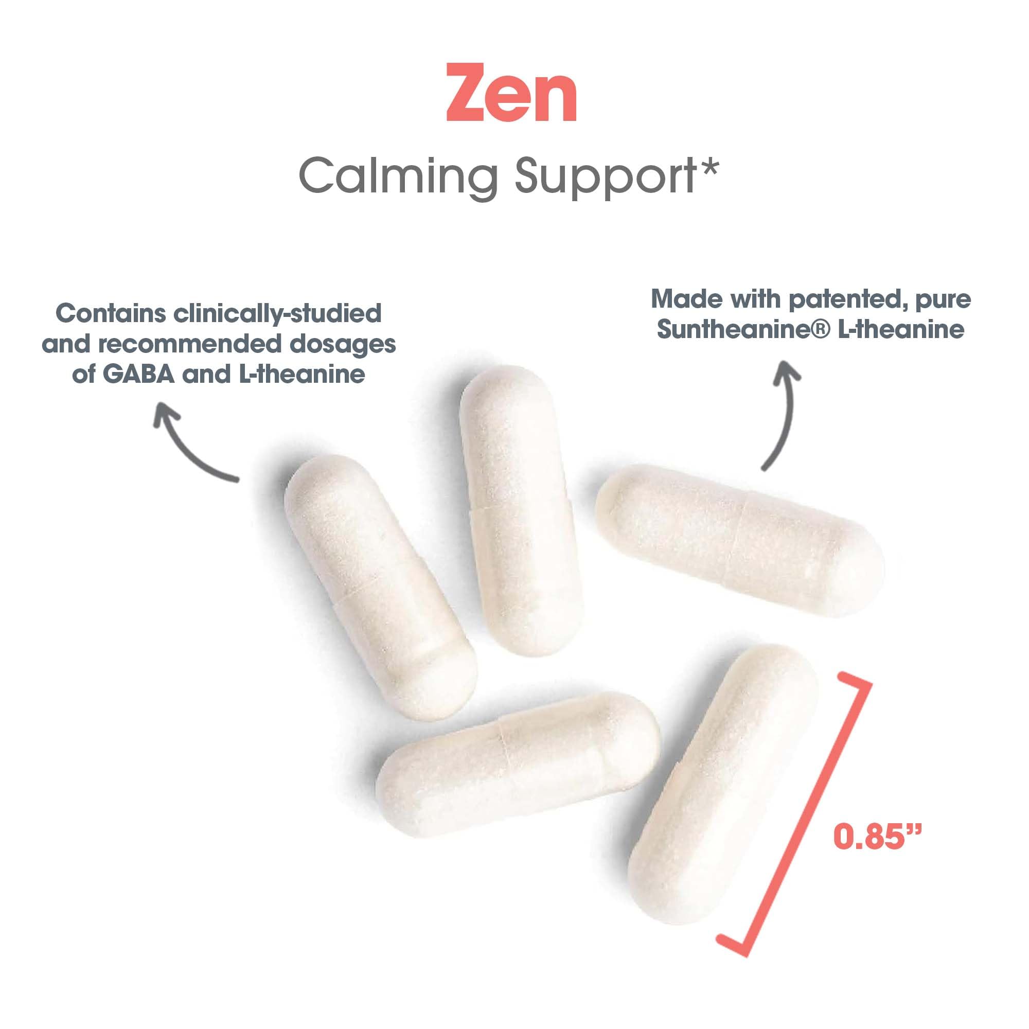 Front packaging detail of Zen calming supplement