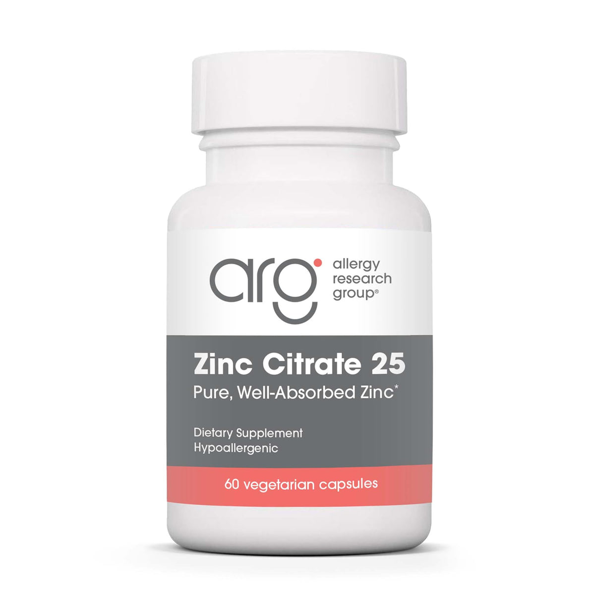 Allergy Research Group Zinc Citrate supplement bottle label – 60 vegetarian capsules