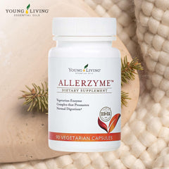 Open Allerzyme bottle showing 90 capsules