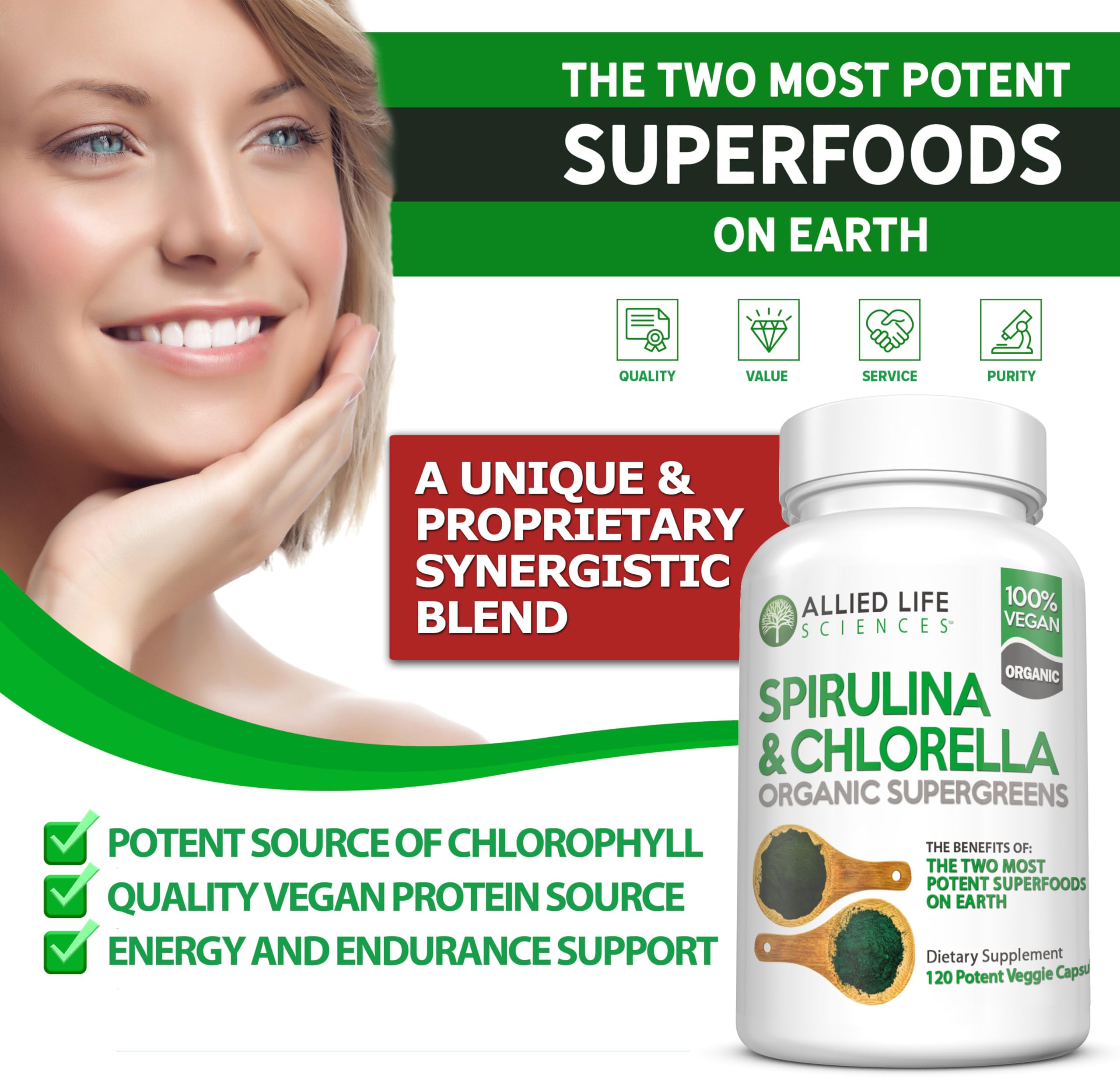 Green superfood powder and capsules with chlorophyll imagery
