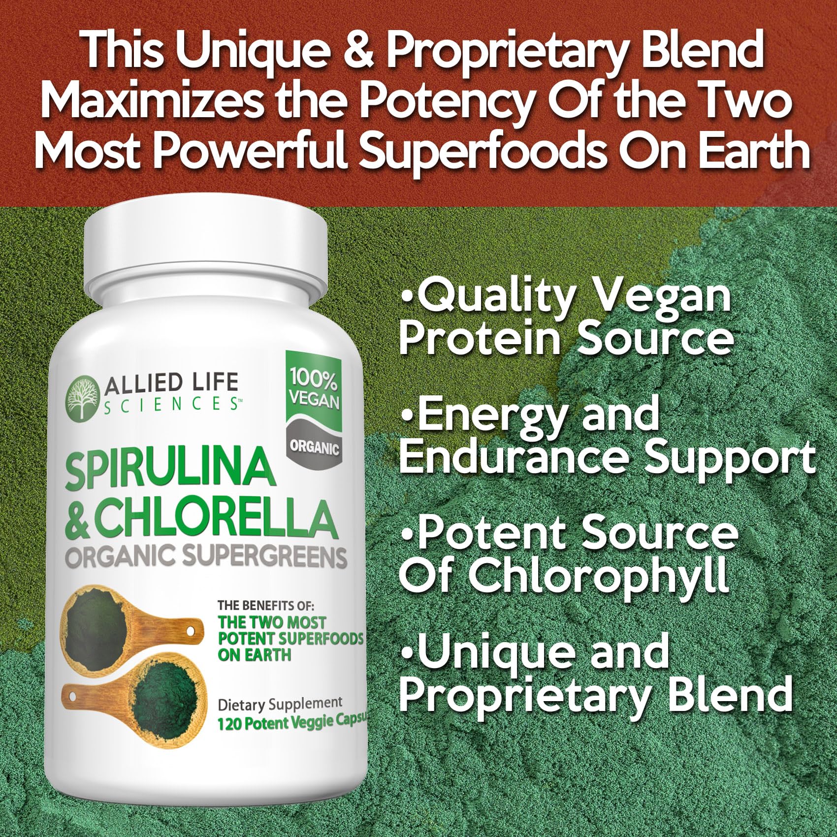 Spirulina and chlorella powders with chlorophyll imagery