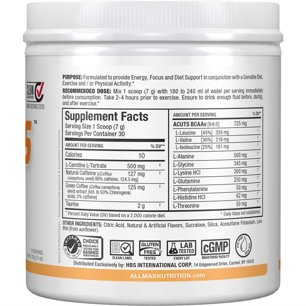 Nutrition facts label for ALLMAX A:CUTS Peach Mango 210 g