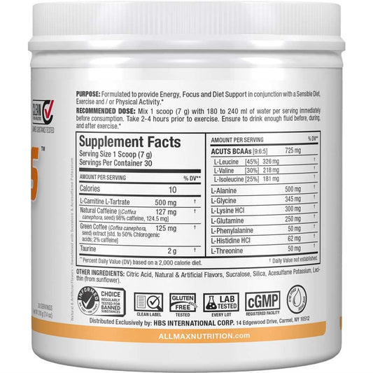Nutrition facts label for ALLMAX A:CUTS Peach Mango 210 g