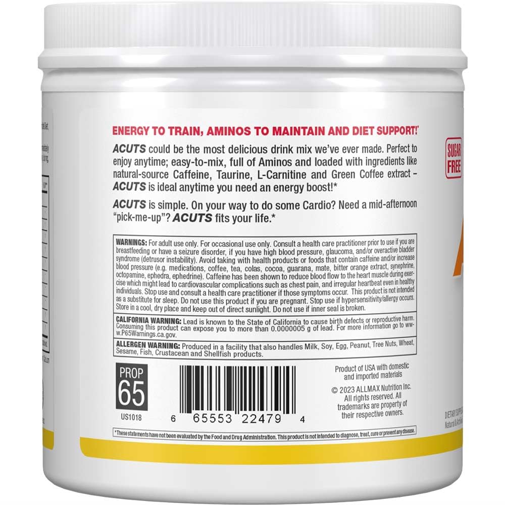 Ingredients and supplement facts for ALLMAX A:CUTS Pina Colada 210 g