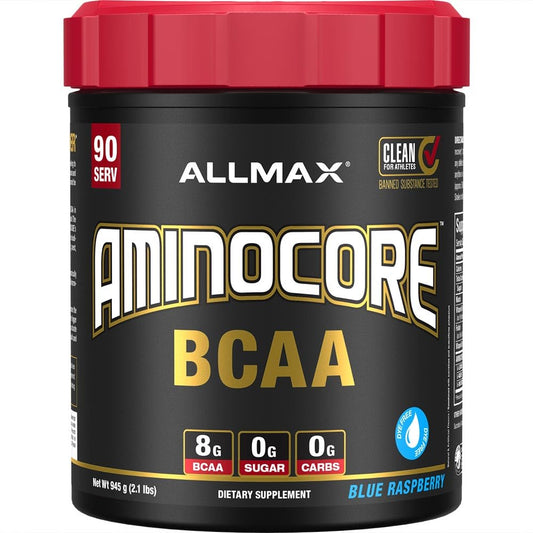Front label of ALLMAX AMINOCORE BCAA Blue Raspberry 945 g