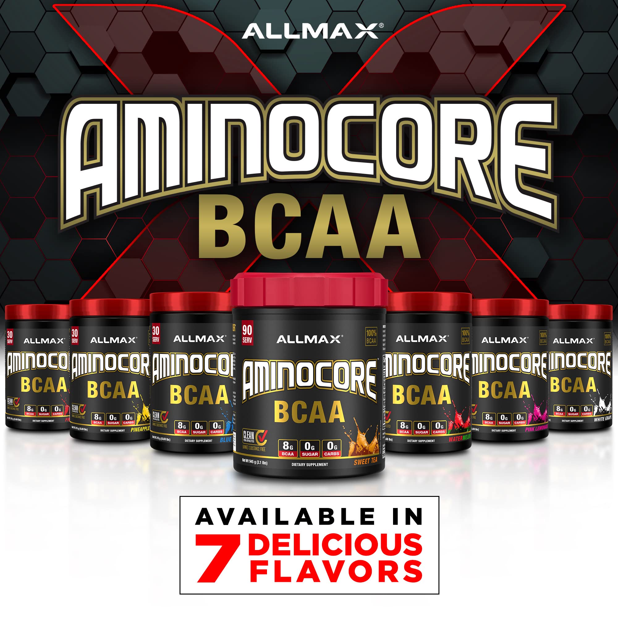 Powder dispensing close-up of ALLMAX AMINOCORE Blue Raspberry