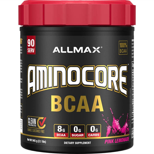 Front view of ALLMAX AminoCORE BCAA Pink Lemonade 945 g container