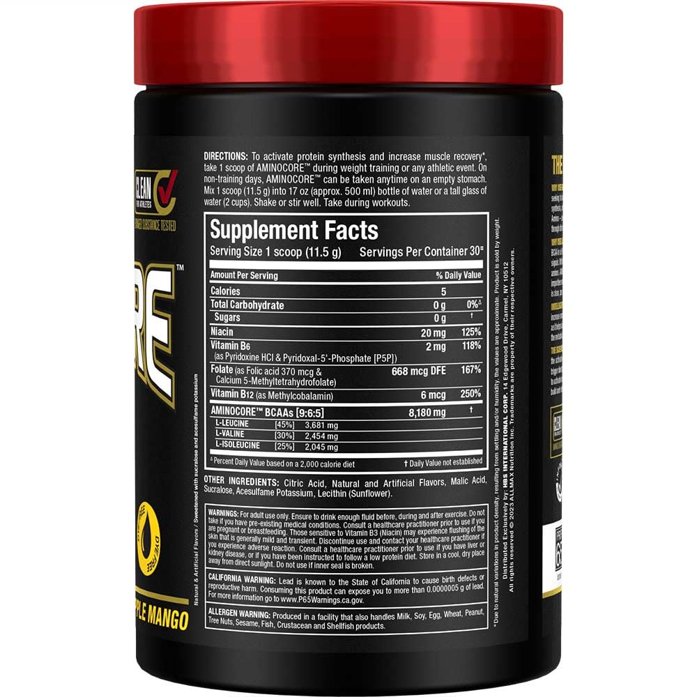 Pineapple Mango flavored BCAA powder with scoop