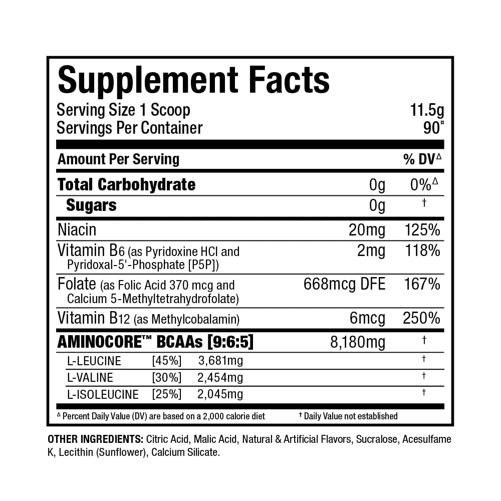 Nutrition facts for Allmax AminoCORE Fruit Punch showing sugar-free formula.