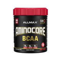 Allmax AminoCORE Fruit Punch powder tub for convenient on-the-go muscle support.