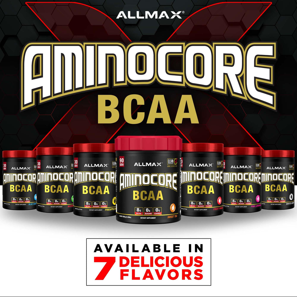 ALLMAX AMINOCORE Watermelon label highlights gluten-free formula and BCAA benefits.