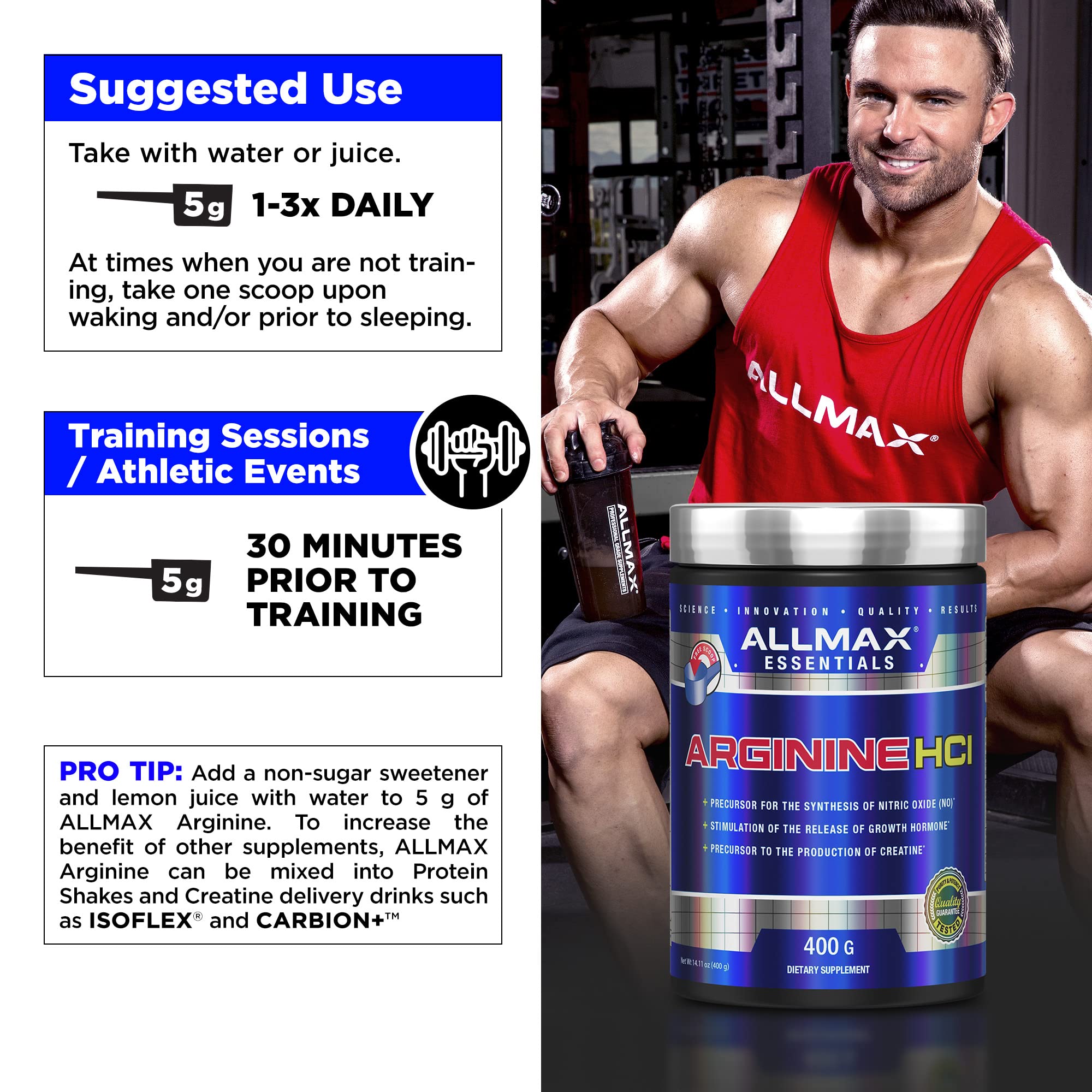 Serving size and servings information for Arginine HCL 400 g