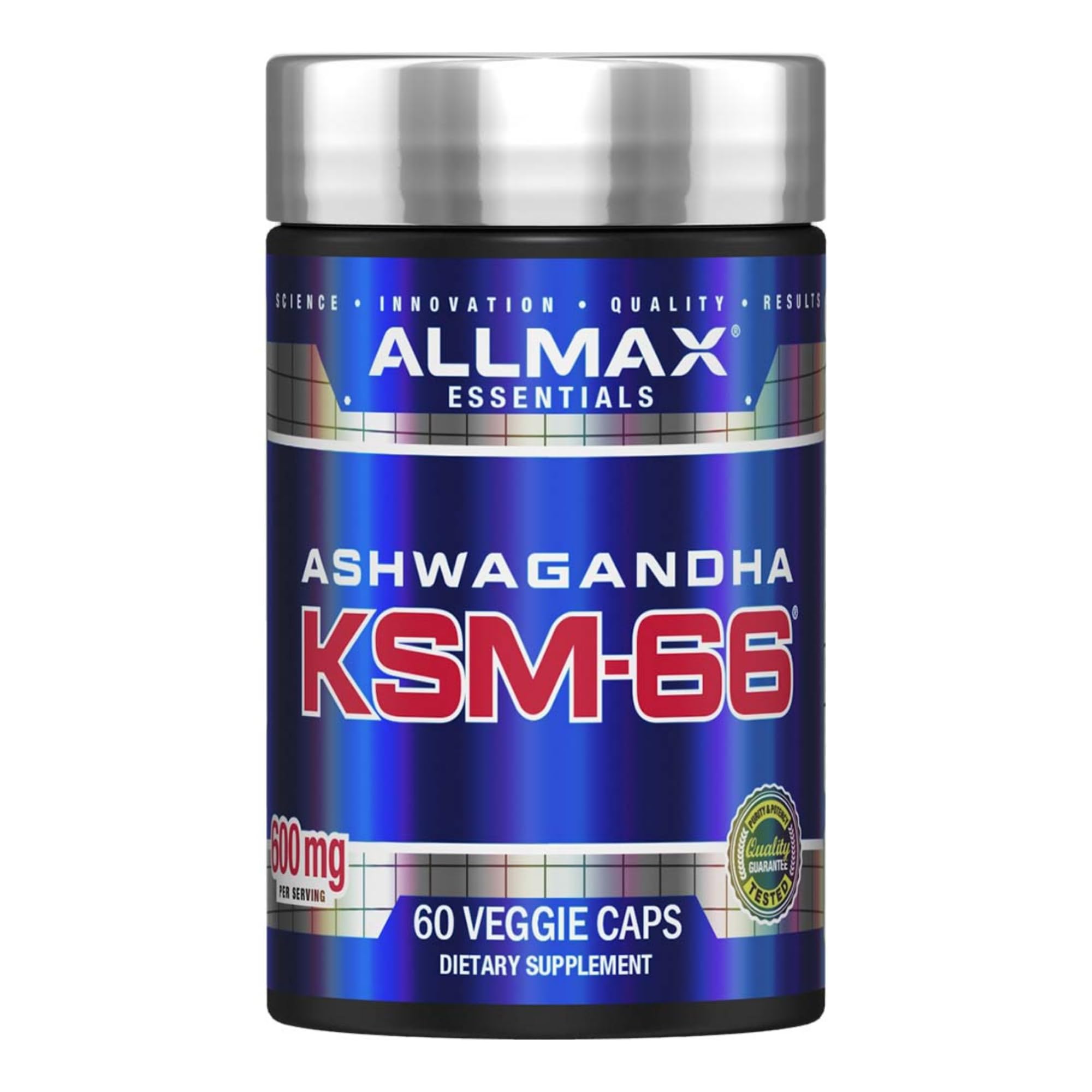 Front view of ALLMAX Essentials Ashwagandha KSM-66 bottle (60 veggie caps)