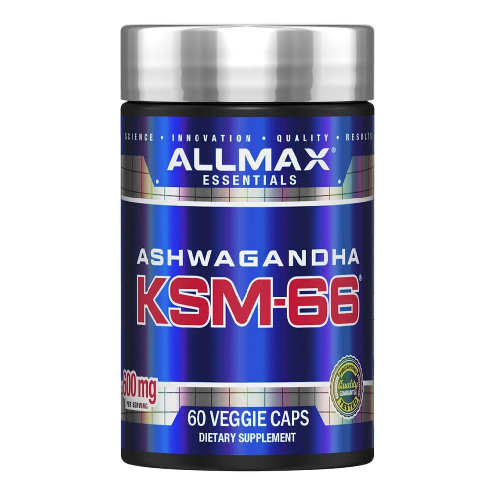 Front view of ALLMAX Essentials Ashwagandha KSM-66 bottle (60 veggie caps)