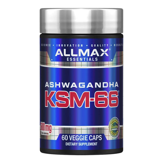 Front view of ALLMAX Essentials Ashwagandha KSM-66 bottle (60 veggie caps)