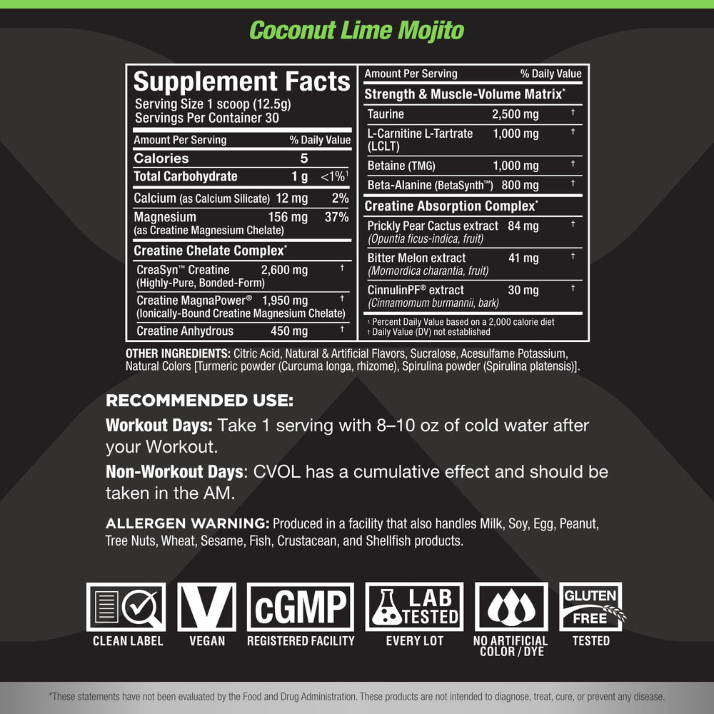 Back packaging with nutrition facts for ALLMAX C:VOL Coconut Lime Mojito 375g
