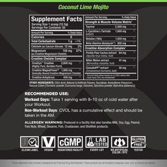 Back packaging with nutrition facts for ALLMAX C:VOL Coconut Lime Mojito 375g