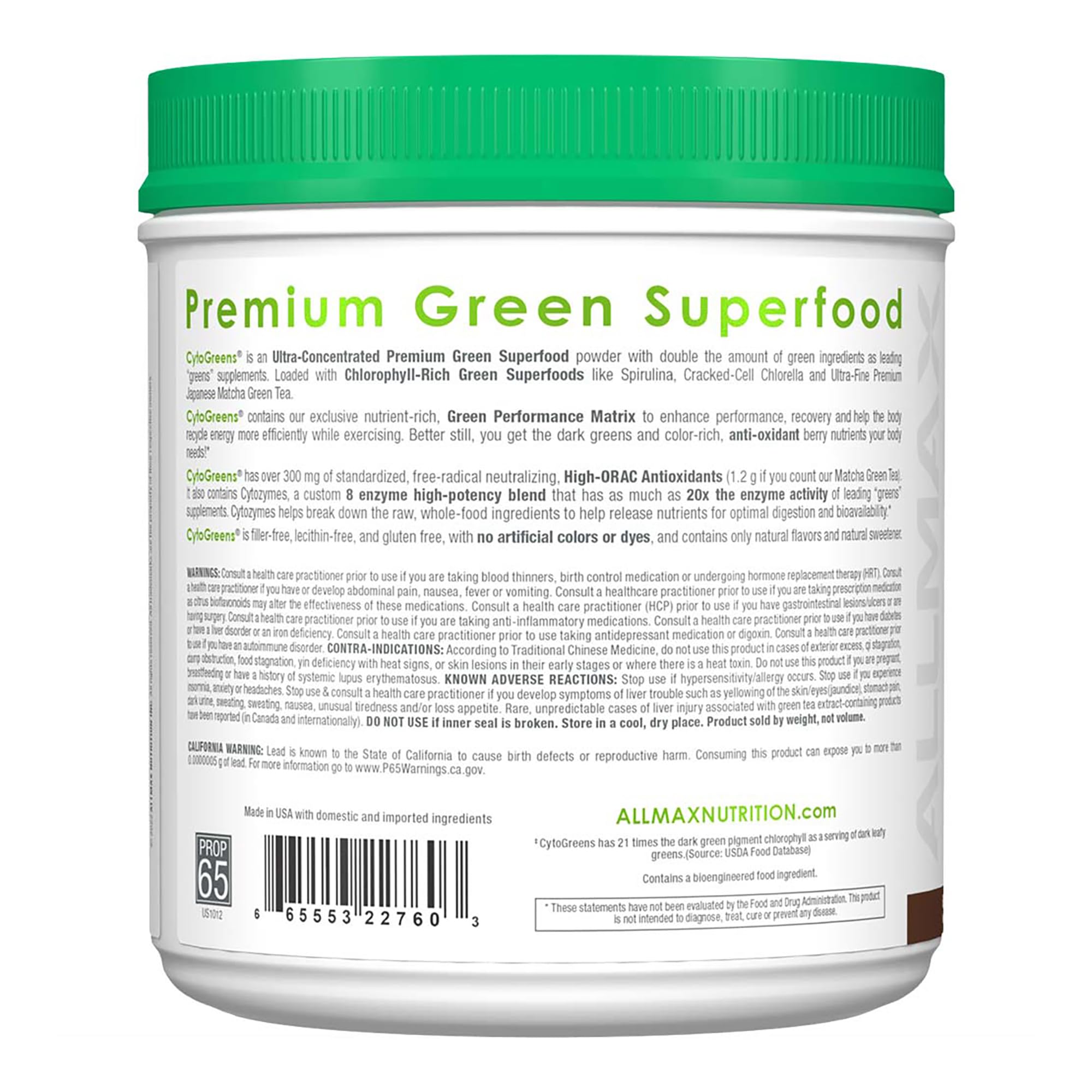 Scooper with CytoGreens Chocolate mixed in water showing 60 servings