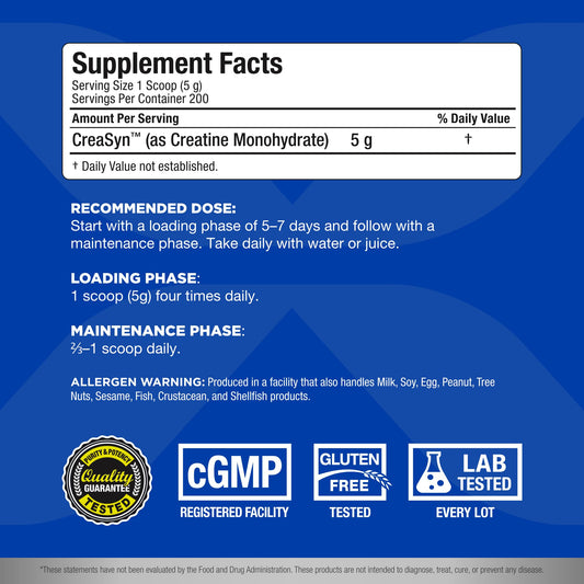 Close-up of Creatine label showing vegan and gluten-free claims