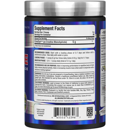 Back label with nutrition facts for Allmax Creatine 400 g