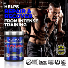 Close-up of product label for ALLMAX Glutamine