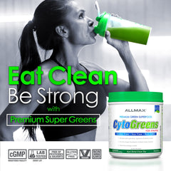AllMax Naturals CYTO-Greens greens on kitchen counter promoting daily vitamins