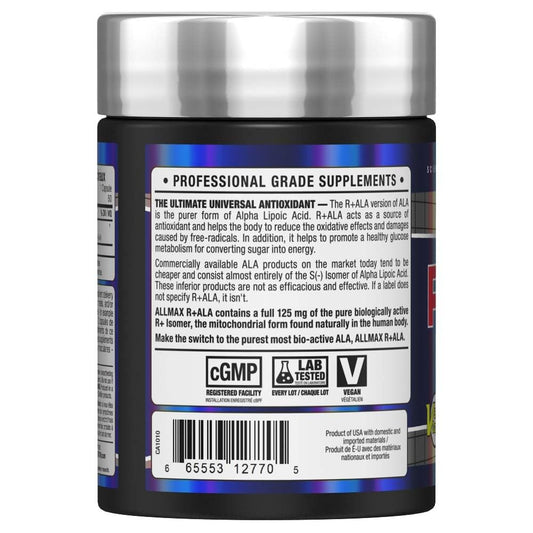 Close-up of ALLMAX R+ALA label