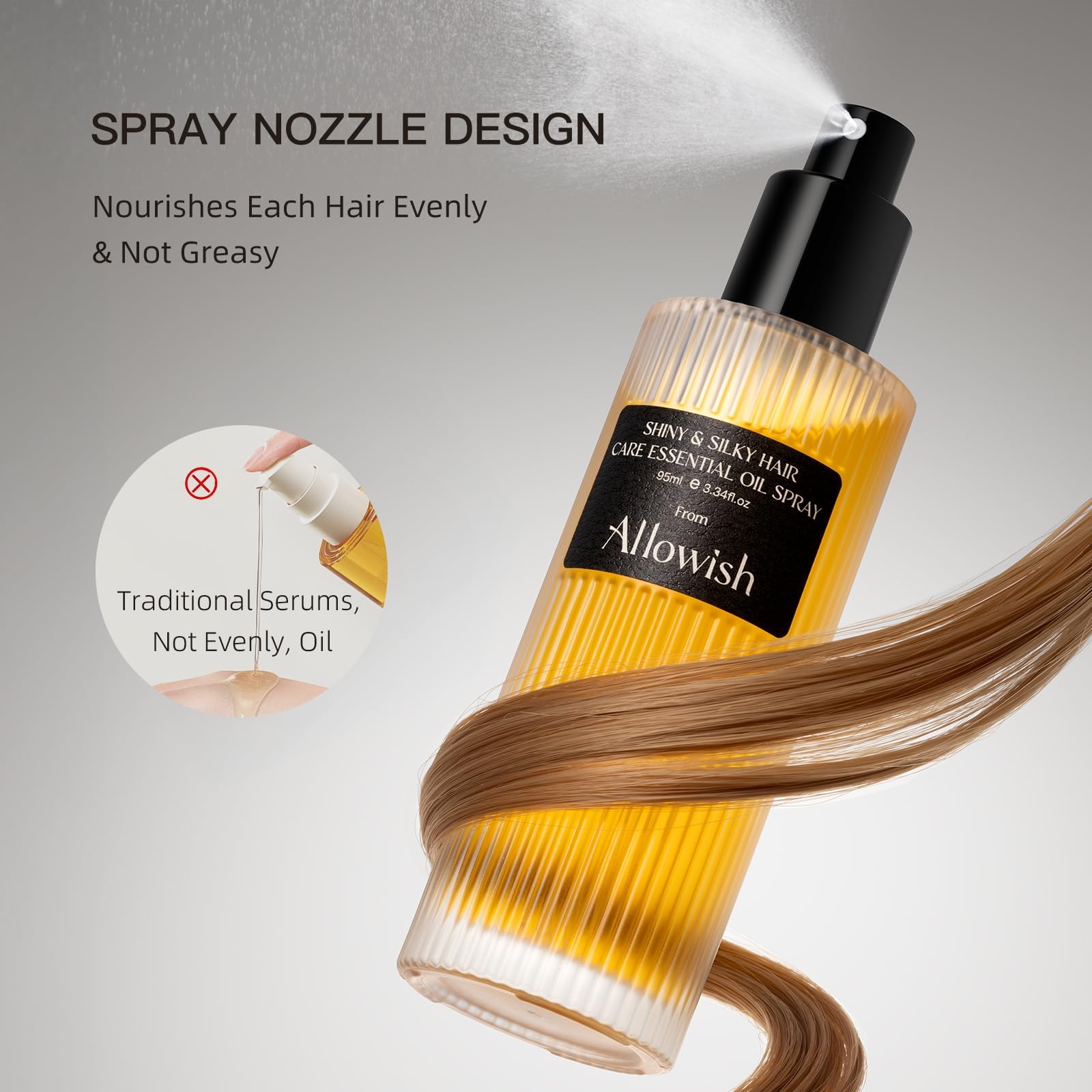 ALLOWISH Hair Oil Spray provides glossy shine and frizz control for healthy hair.