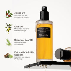 ALLOWISH Hair Oil Spray being applied for effortless styling and shine.