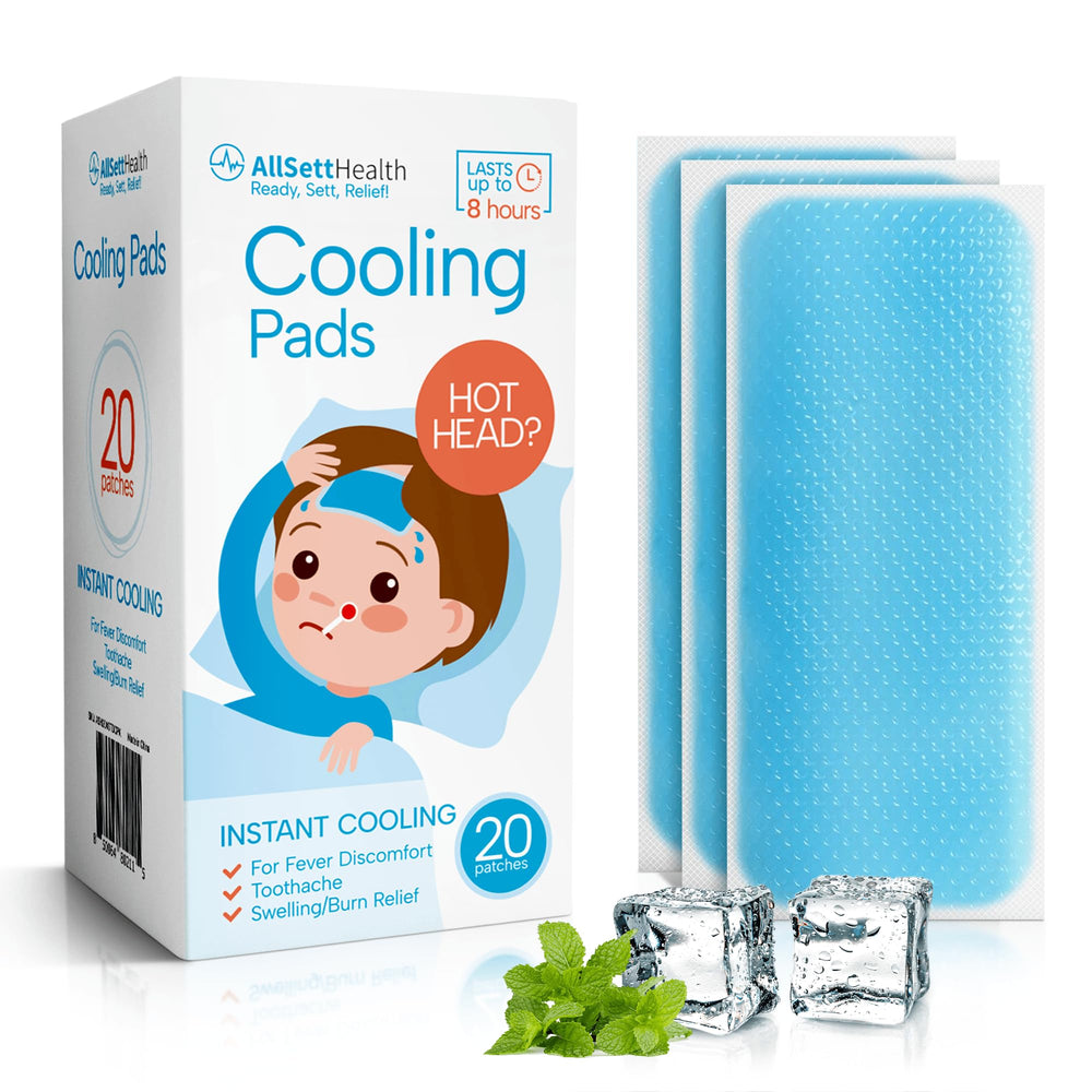AllSett Health cooling patches for kids displayed with the 20-pack, ready for fever comfort.