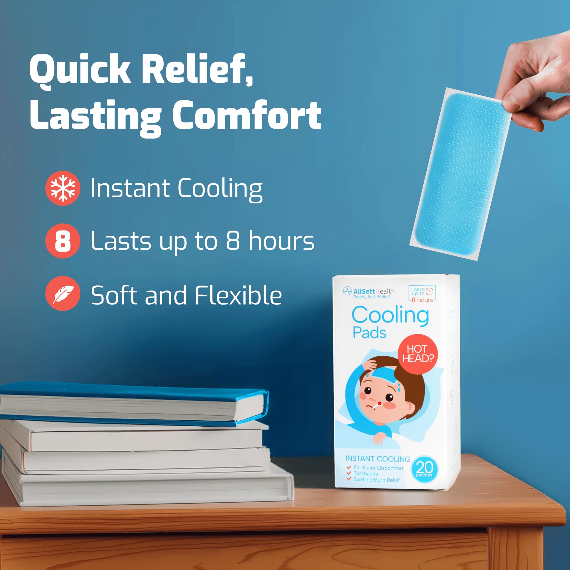 AllSett Health blue packaging highlights kid-friendly mint cooling patches for gentle relief.
