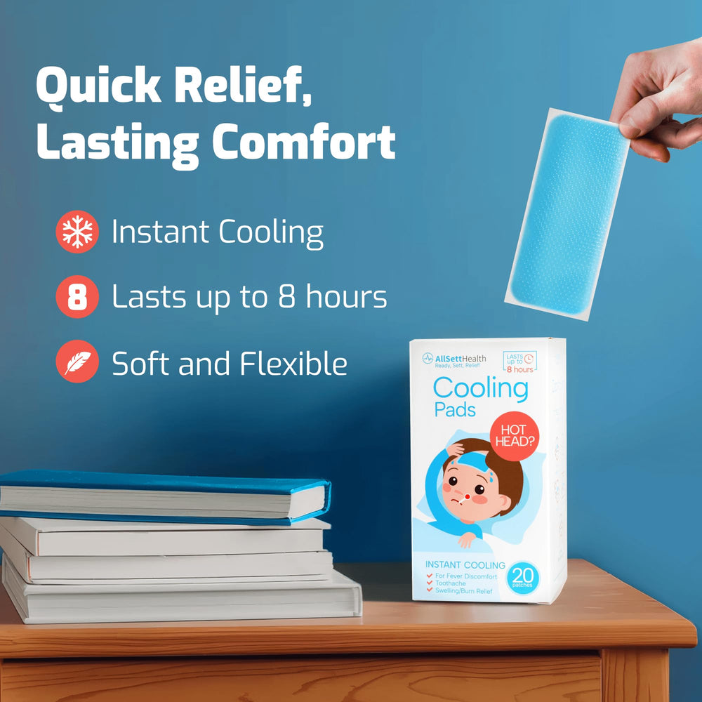 AllSett Health blue packaging highlights kid-friendly mint cooling patches for gentle relief.