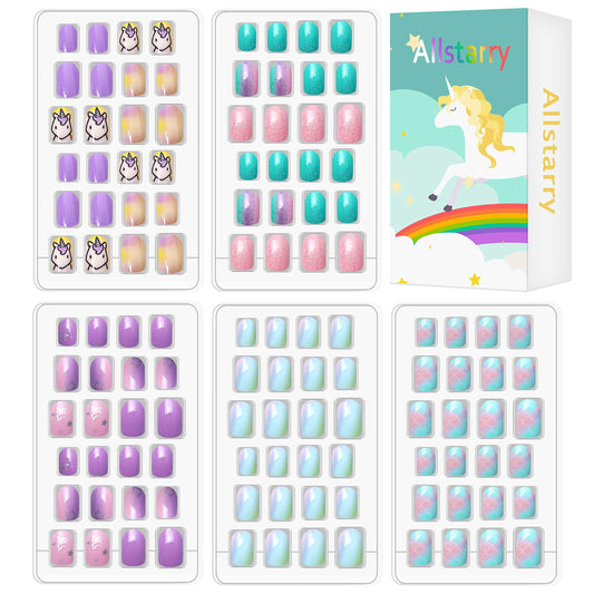 Allstarry kids press-on nails with unicorn glitter for quick, kid-friendly nail art.