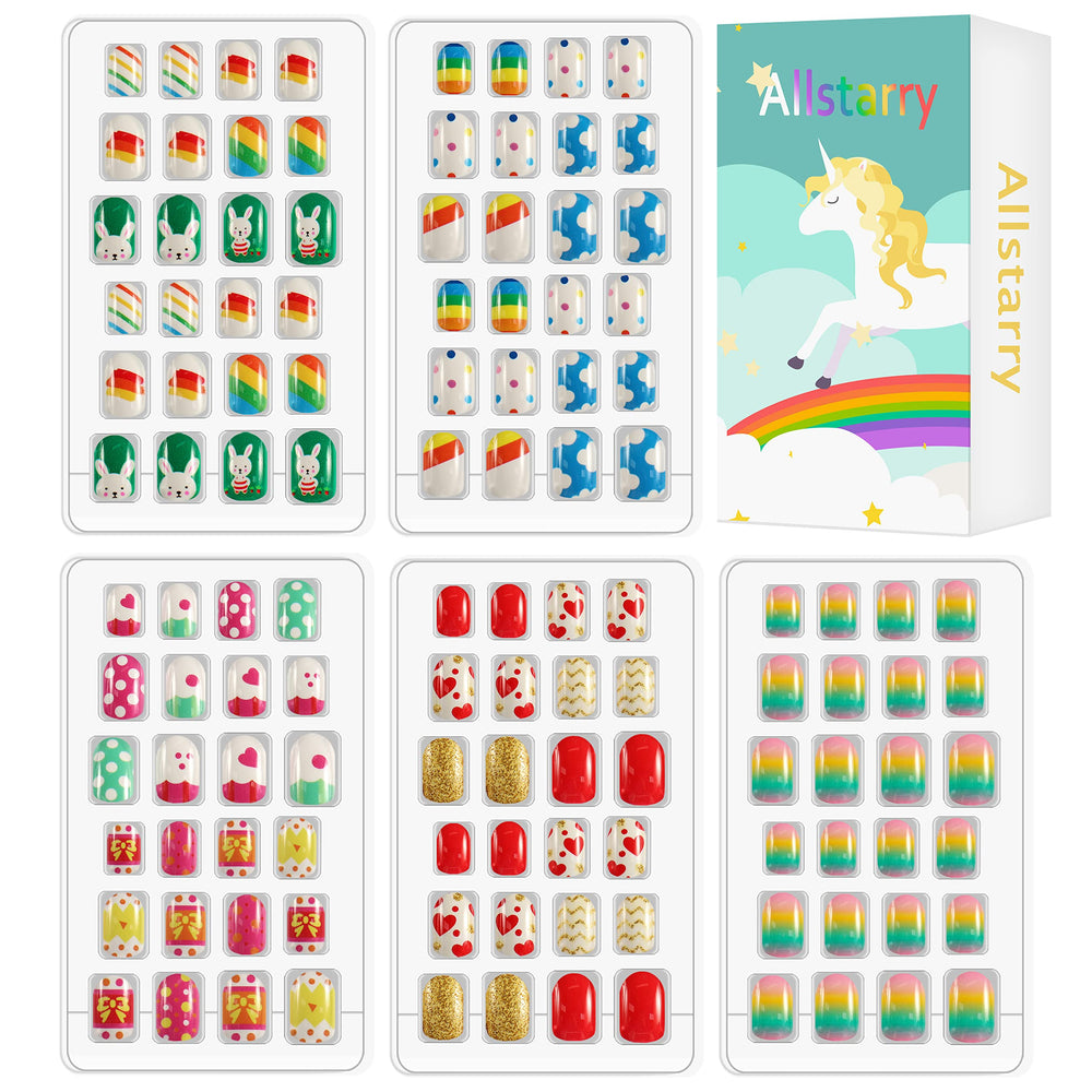 Allstarry kids press-on nails with rainbow glitter finish for quick, mess-free at-home nail art.