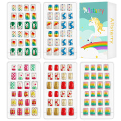 Allstarry kids press-on nails with rainbow glitter finish for quick, mess-free at-home nail art.