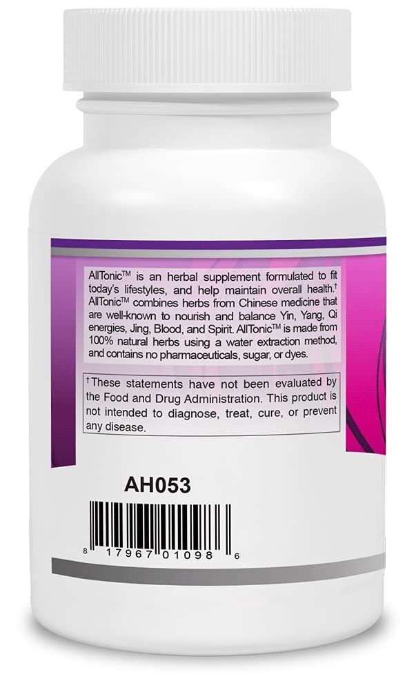 Close-up of AllTonic bottle label showing Traditional Chinese Medicine imagery