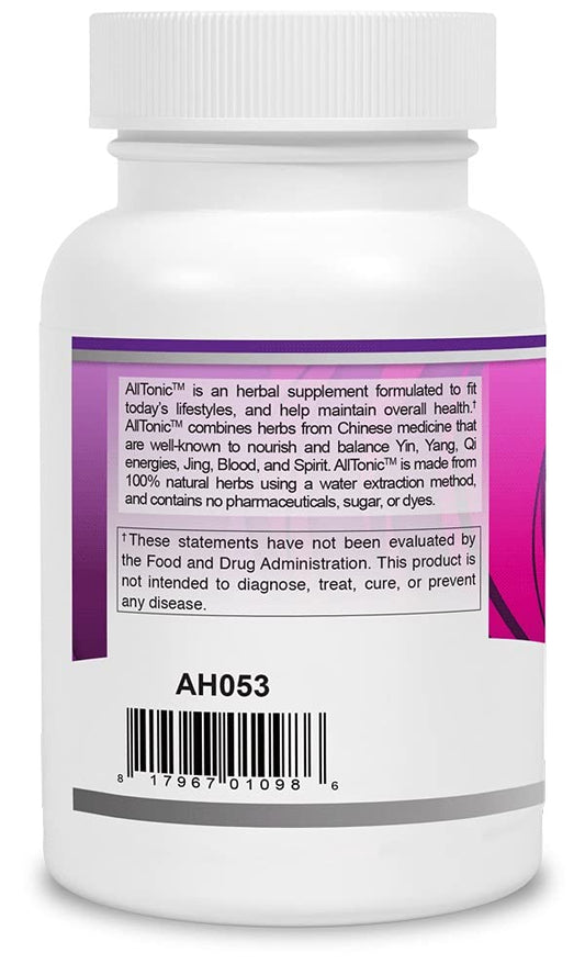 Close-up of AllTonic bottle label showing Traditional Chinese Medicine imagery