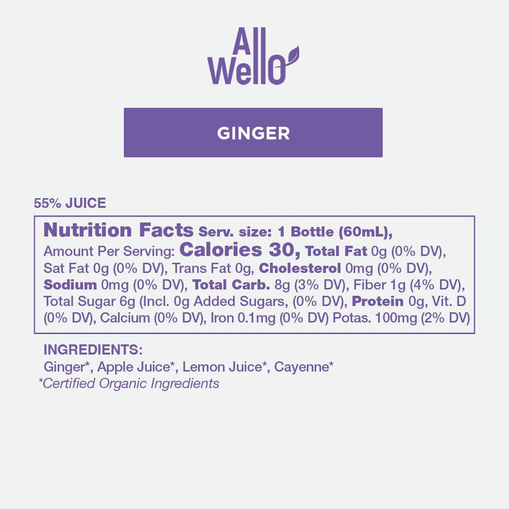 AllWellO Ginger Shot label with 60 mL and Organic text