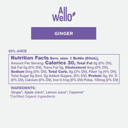 AllWellO Ginger Shot label with 60 mL and Organic text