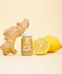 Six-pack of AllWellO Ginger Shots in recyclable glass bottles