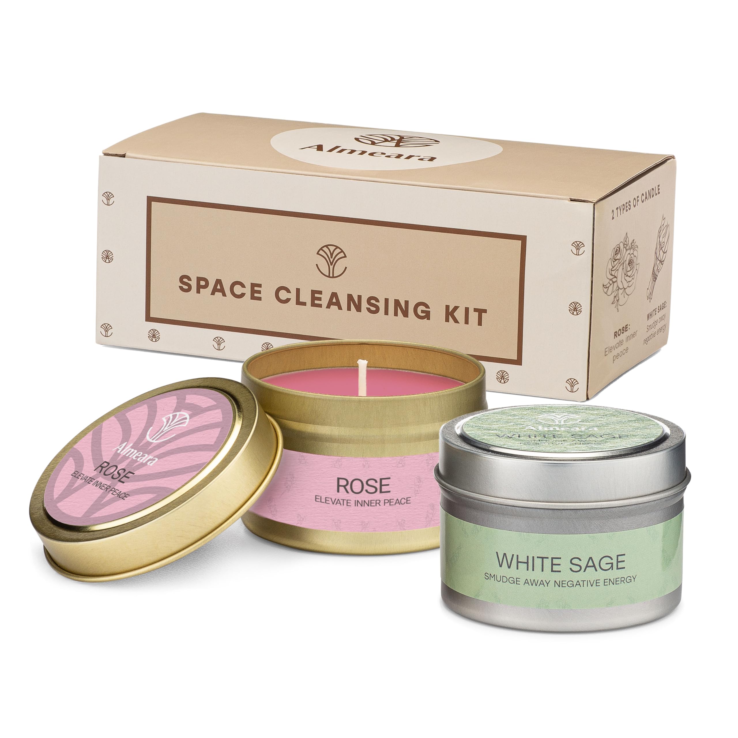 Almeara Sage + Rose candle set in green wax in metal jars