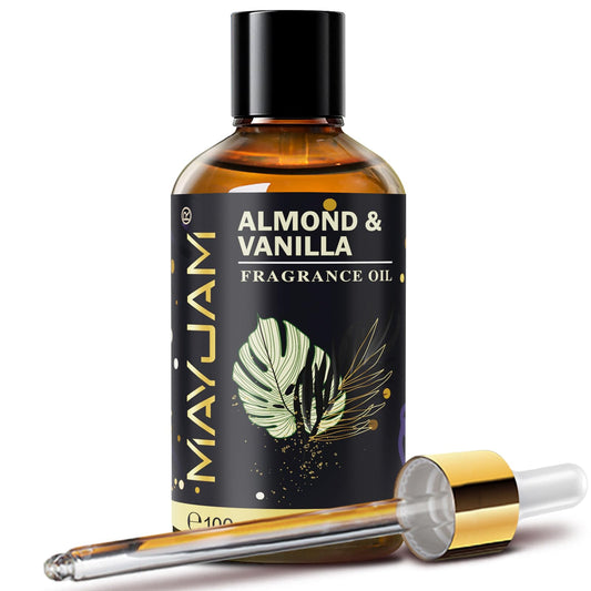 Amber glass bottle with dropper containing Almond & Vanilla fragrance oil (100ml)