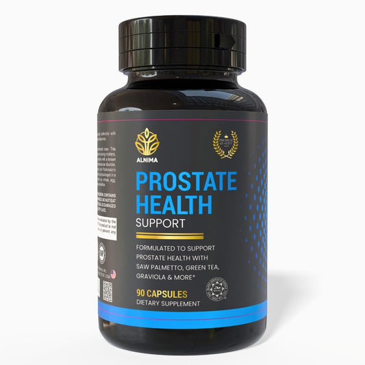 ALNIMA Halal Prostate Support bottle label with 90 capsules