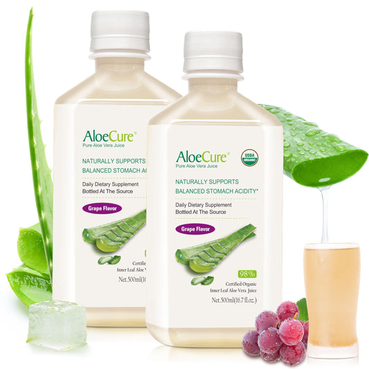 Front view of AloeCure Organic Aloe Vera Juice Grape Flavor bottle (16.7 oz) - two-pack