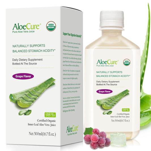 Bottle of AloeCure USDA Organic Aloe Vera Juice with grape flavor, 16.7oz