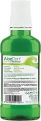 Close-up of Aloe Dent mouthwash label and ingredients