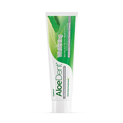Three AloeDent Whitening toothpaste tubes with packaging