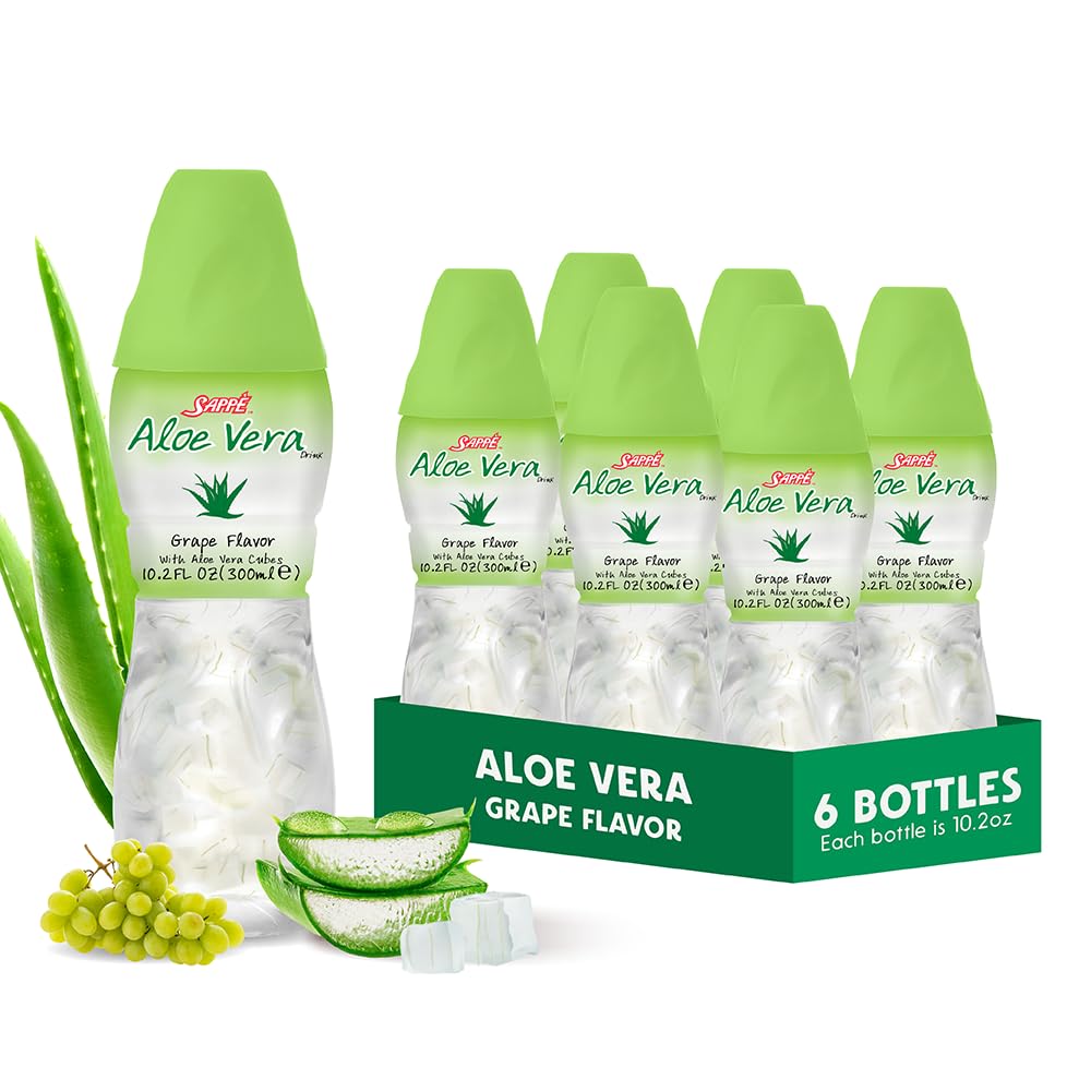 Grape-flavored Aloe Vera juice with large aloe pulp in a bottle (6-pack)