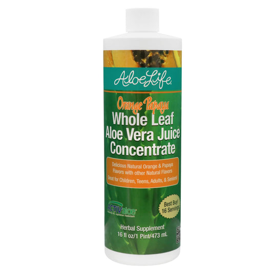 Whole leaf aloe vera juice with orange papaya flavor in 16 oz bottle